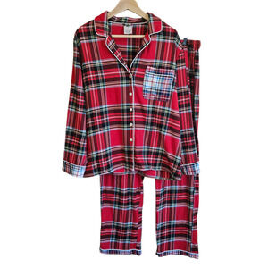 Lands’ End Women’s Flannel Pajama Set Red Plaid Button Down Cotton Size XL